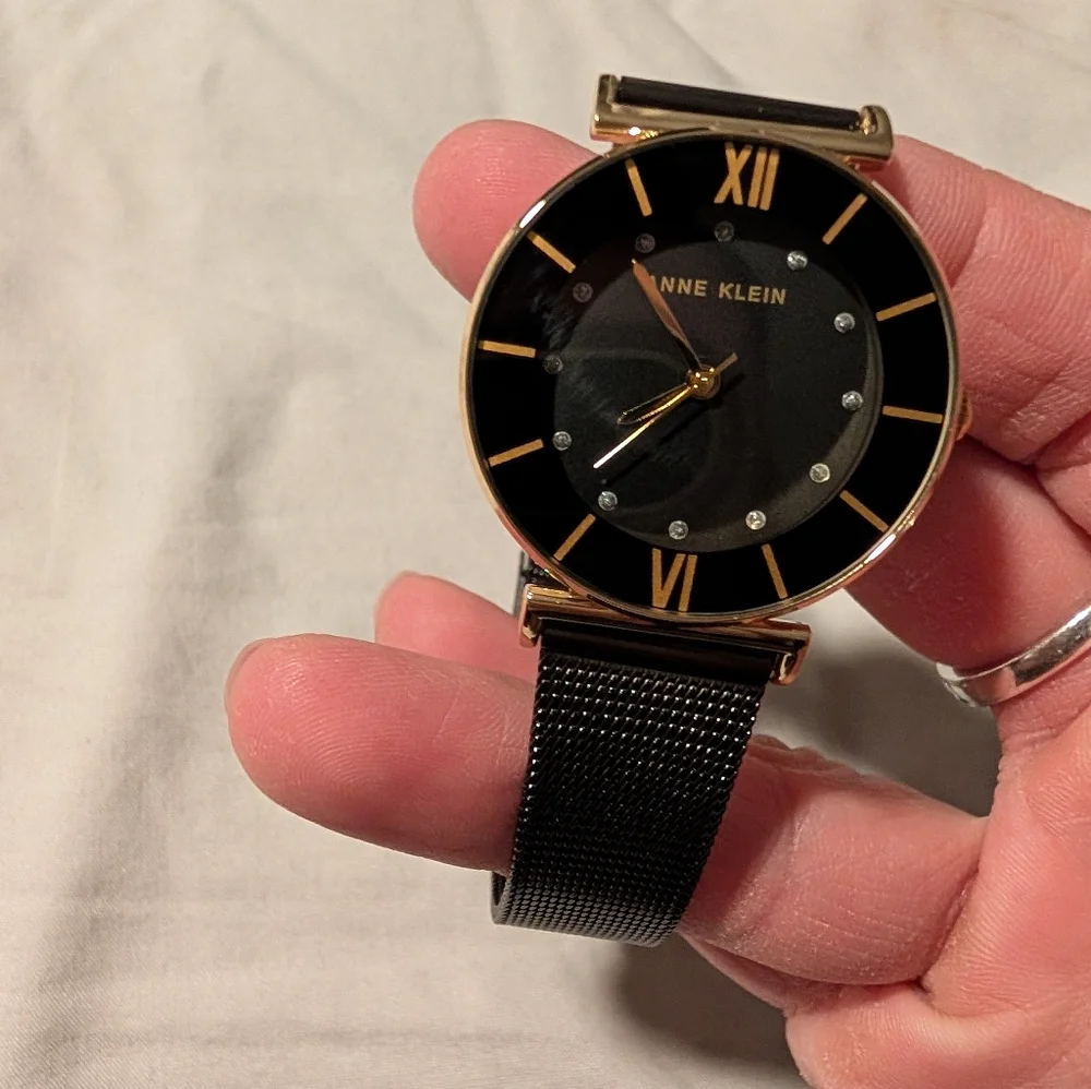 Anne Klein Gold and Black Round Dial Crystal Accent Watch